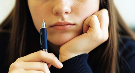 Obraz premium Close-up of bored teen girl student holding pen with blank expression, symbolizing exam pressure, lack of motivation, mental health, and youth disconnection