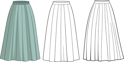 Pleated skirt fashion illustration, teal colored and black outline views, vertical pleat detail, waistband design sketch, clothing template drawing, apparel vector layout.
