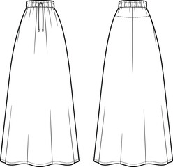 Flared skirt fashion drawing, elastic waistband front back view, vertical seam detail, drawstring front sketch, garment design template, apparel layout illustration.