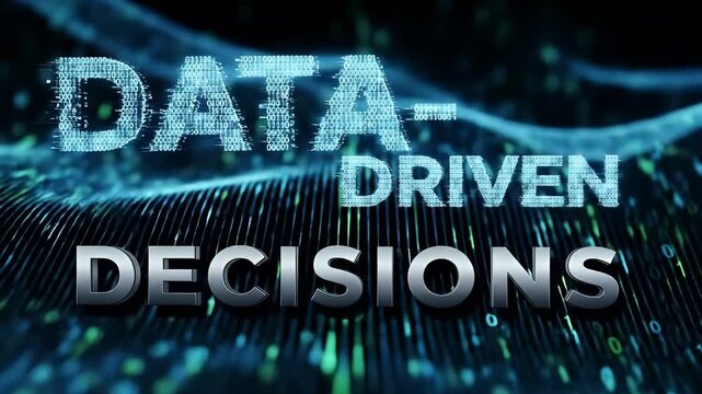 A typography animation contrasting digital "DATA" with solid "DECISIONS".