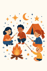 Children Enjoying a Campfire Night with Marshmallows