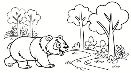Vector Cartoon funny Panda, funny image in the forest, Coloring book page for children. Line Art isolated on white background