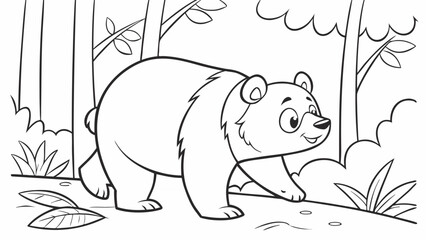 Vector Cartoon funny Panda, funny image in the forest, Coloring book page for children. Line Art isolated on white background