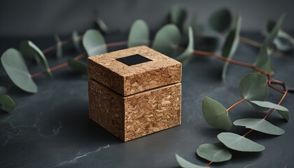 Fototapeta premium Cork Gift Box with Black Insert on Dark Fabric with Eucalyptus