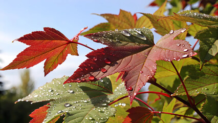 Red maple leaves with water droplets close up nature photography autumn foliage beauty seasonal color change
