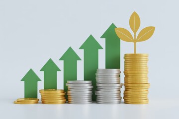 Financial growth illustrated by stacks of coins and upward trending arrows