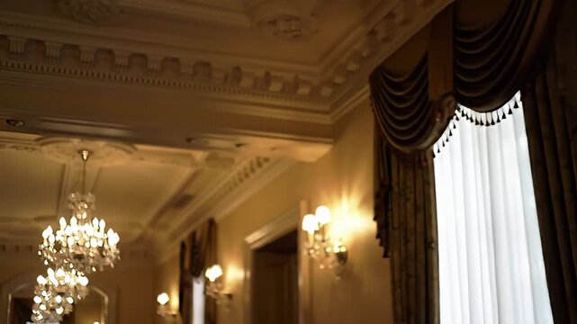 Out-of-focus shot of ornate ceiling, chandeliers, sconces, and draped curtains in warm light