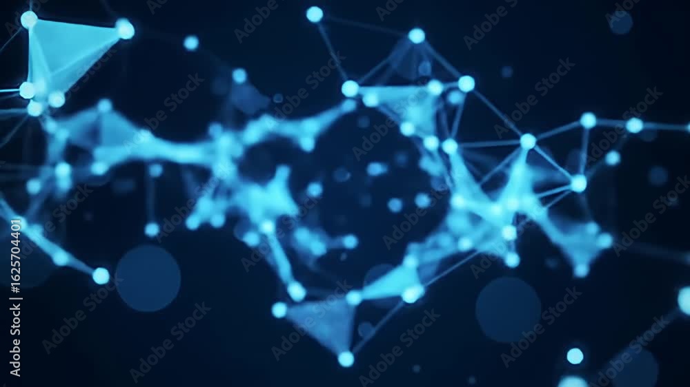 Poster abstract low-poly network with bright blue nodes connected by thin lines on dark