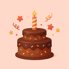 3d cake render with candle, popper serpentine, stars. stock