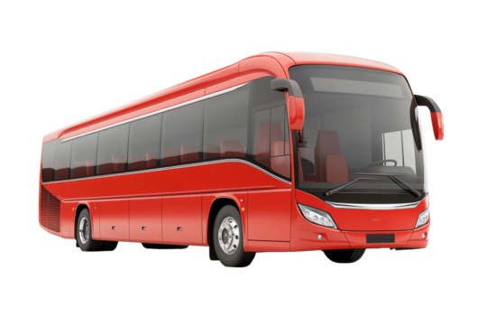Red intercity coach bus with large windows
