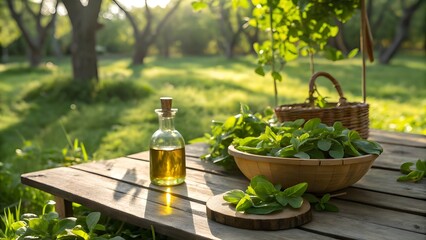 Freshly harvested greens and olive oil on a rustic wooden table in a sunlit garden