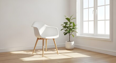 White chair and potted plant near a window in a bright room with hardwood floors and white walls