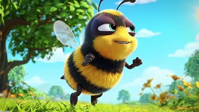 Cartoon bumblebee with big eyes flies across a green meadow under a blue sky