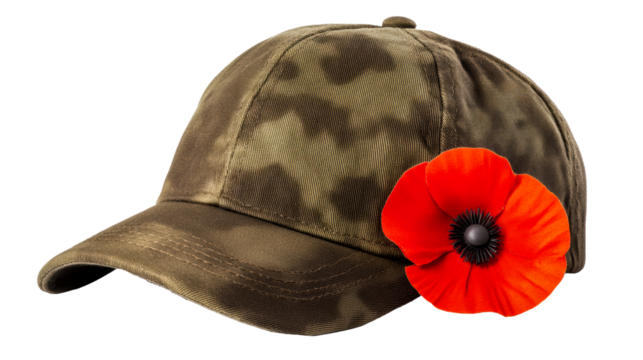 Camouflage cap adorned with a vibrant red flower design