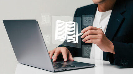 Professional engaging in digital learning on laptop, accessing online knowledge and educational resources with a smart stylus for modern study.