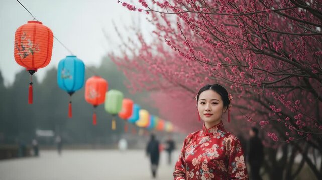 The scene of a woman wearing a cheongsam admiring plum blossoms and hanging lanterns