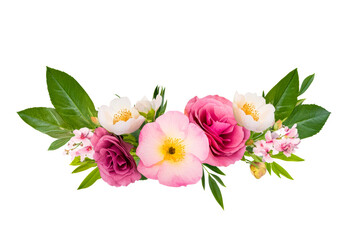 Obraz premium Floral arrangement with pink and white flowers and green leaves
