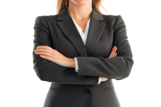 Confident businesswoman in black suit with arms crossed
 - Powered by Adobe