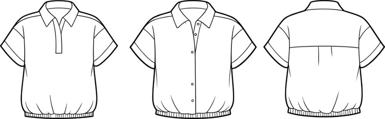 Short-sleeved shirt views, zipper and button closure styles, elastic waistband detail, fashion sketch, collar design, technical apparel mockup, garment template illustration.