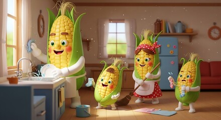Family of anthropomorphic corn characters doing various household chores in a home setting.