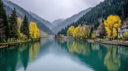 Fototapeta premium Peaceful alpine jade lake Urungach in Uzbek mountains surrounded by autumn trees with golden reflections and misty peaks, photorealistic cinematic view.