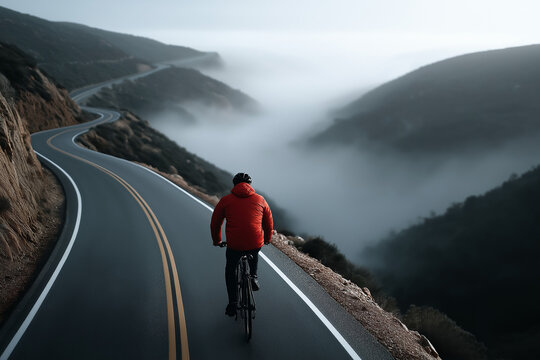 Top-down aerial view of a winding mountain road with bike lane signs, a lone cyclist wearing a red jacket riding through a misty morning valley, dramatic clouds overhead, cinematic lighting, high clar
