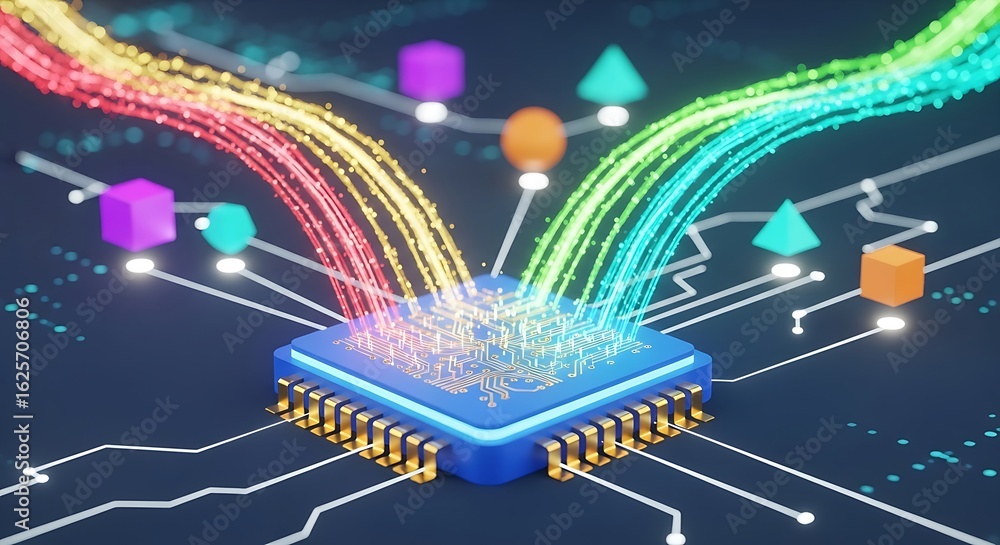 Poster colorful data flow abstract cpu chip with vibrant digital connections.