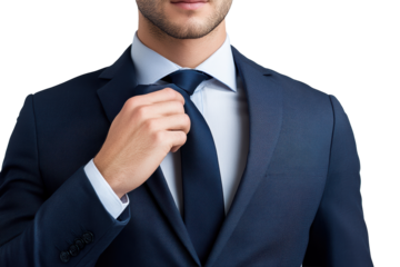 Confident businessman adjusting blue tie