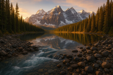  Glacial River and Reflective Lake in Snowy Peaks