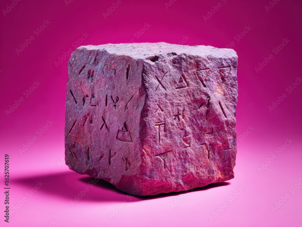 Poster modern premium encrypted token stone cube with ancient symbols authentic data security concept for t