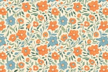 Charming floral pattern with orange and blue flowers and green leaves