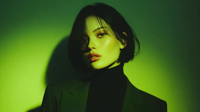 A young woman in a blazer, bathed in green light. Black hair frames her face as a shadow falls