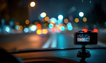 Modern Professional Car Dash Cam Recording Night Driving Urban City Lights High-Quality Technology Lifestyle Content for Social Media and Advertising