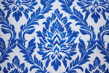 Intricate royal blue damask pattern on white background