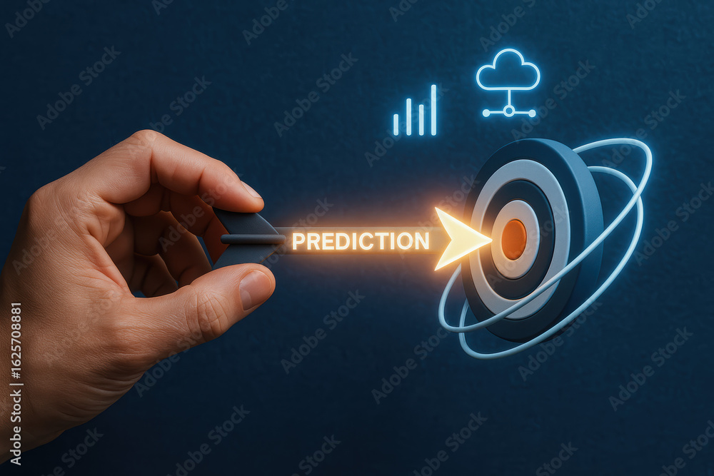 Poster prediction and arrow represent analysis success strategy accuracy forecast and insight driving smart