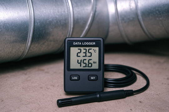 Data logger monitoring temperature and humidity levels tracking environment conditions with precise measurement tools