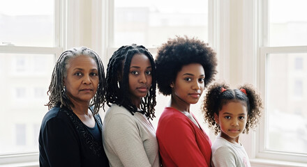 Family of black women standing together at home, mother and kids, symbolizing family unity, cultural strength, motherhood, and intergenerational love