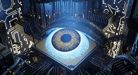 Cybernetic Vision Intricate Golden Circuit Eye on Glowing Processor Board.