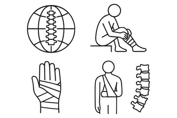 Illustration of spine injuries and trauma recovery showing hand and body injuries, rehabilitation, and treatments chiropractor health therapies treatment