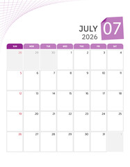 July 2026 Calendar. Week start on Sunday. Desk calendar 2026 design, simple and clean design, Wall calendar for print, digital calendar, Corporate design planner template vector.