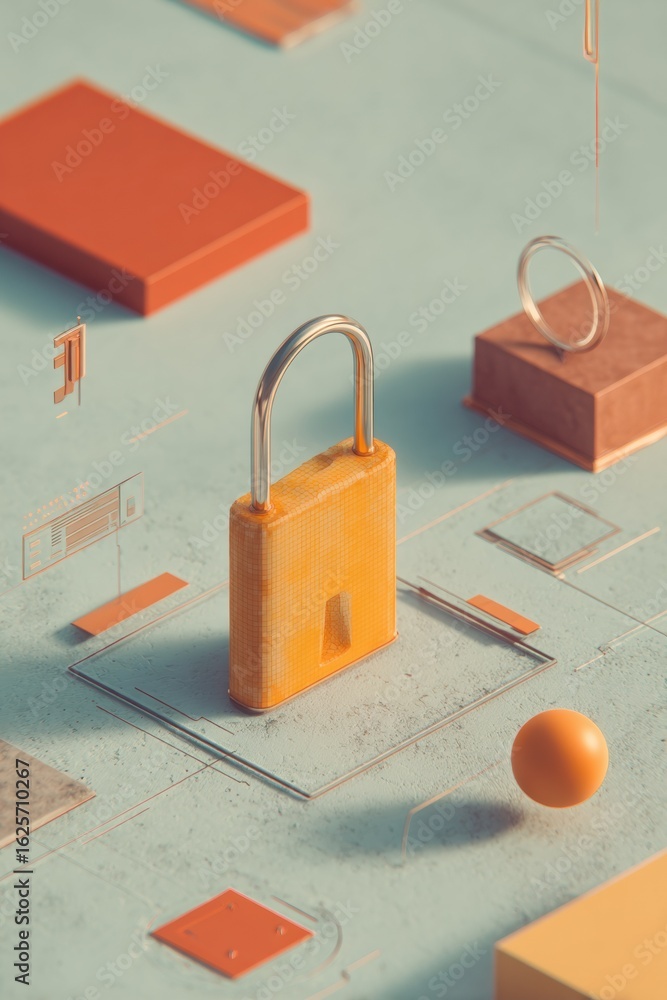 Poster modern digital security concept with encrypted padlock on abstract blocks premium tech innovation fo