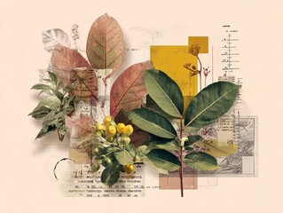 A collage art of a vintage herbarium with paper leaves