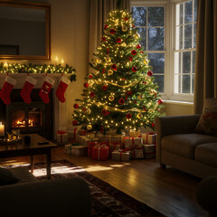 Fototapeta premium Cozy Christmas Living Room with Decorated Tree and Fireplace: Photorealistic 8K Image