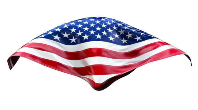 Waving American flag with stars and stripes on transparent background