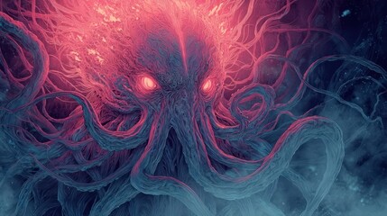 Sinister, glowing-eyed octopus-like monster with tentacles set against dark, swirling background