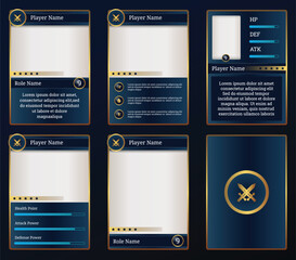 Customizable game card templates featuring gold and blue design. Perfect for fantasy RPGs and collectible trading card games, with adaptable UI elements for player stats