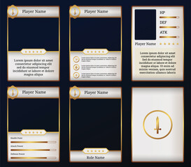 Customizable game card templates featuring gold and white design. Perfect for fantasy RPGs and collectible trading card games, with adaptable UI elements for player stats