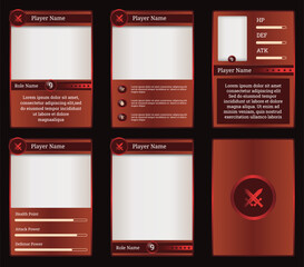 Customizable game card templates featuring red design. Perfect for fantasy RPGs and collectible trading card games, with adaptable UI elements for player stats