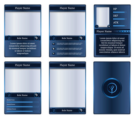 Customizable game card templates featuring a gradient blue design. Perfect for fantasy RPGs and collectible trading card games, with adaptable UI elements for player stats