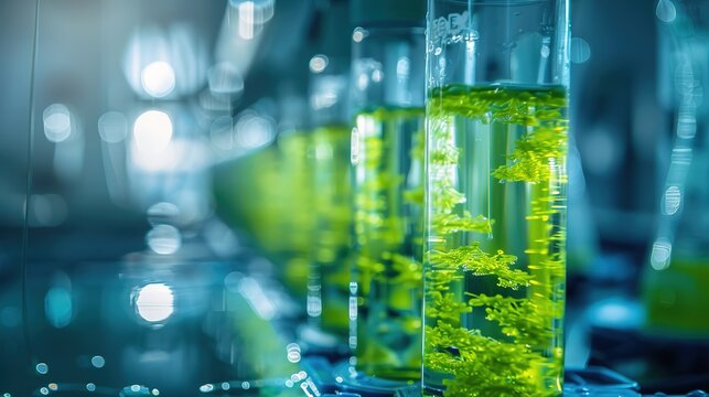 Close-up of photobiorers cultivating microalgae for actobiofuel production, nutrient-rich water, green biotechnology, laboratory environment, blue-green color scheme - Powered by Adobe